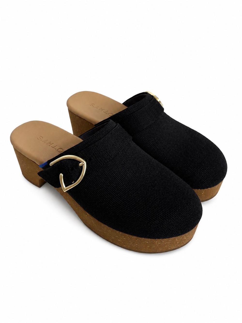 Rothy’s The Classic Clog Black Platform Gold Buckle Size 8 Like New Slip-On Mule